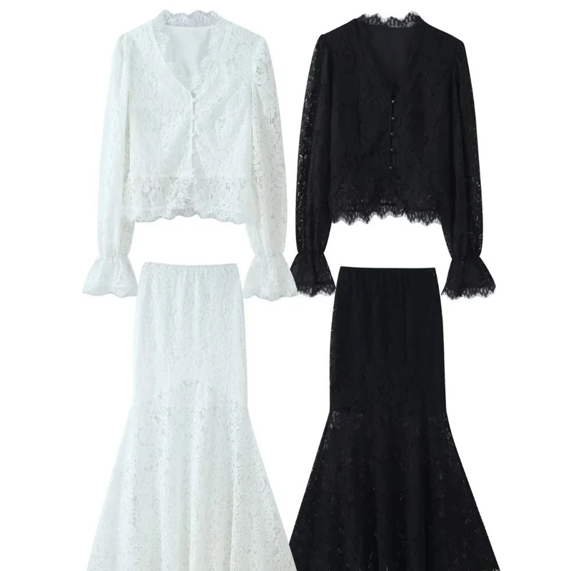 Damen 20+ zweiteiliges Spitzen‑Set: taillierte Bluse mit Volantärmeln und ausgestelltem Mermaid‑Midirock Drune