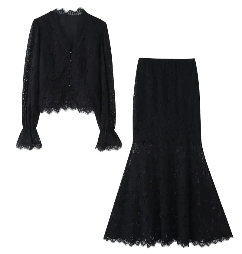 Damen 20+ zweiteiliges Spitzen‑Set: taillierte Bluse mit Volantärmeln und ausgestelltem Mermaid‑Midirock Drune
