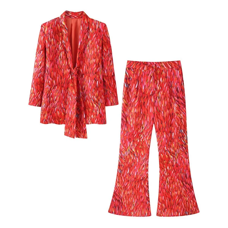 Damen 20+ zweiteiliges Satinset mit lockerem Knotenblazer und weiter Palazzohose Drune