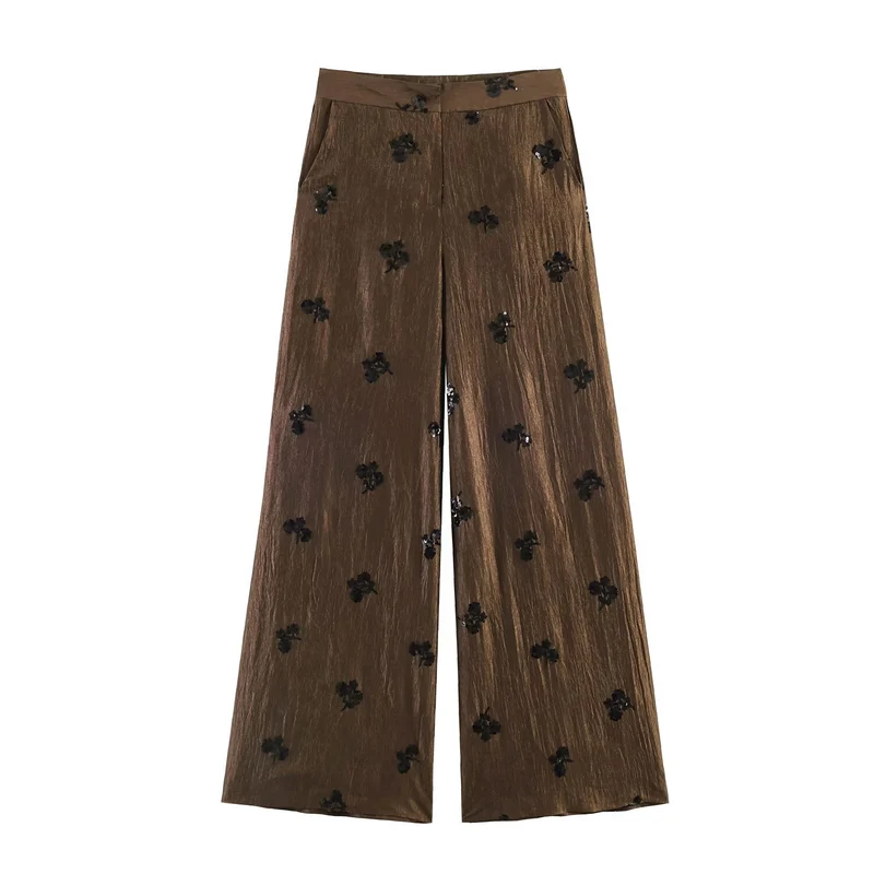 Damen 20+ weite Palazzo‑Hose mit hoher Taille, Crinkle‑Effekt und bestickten Paillettenapplikationen Drune