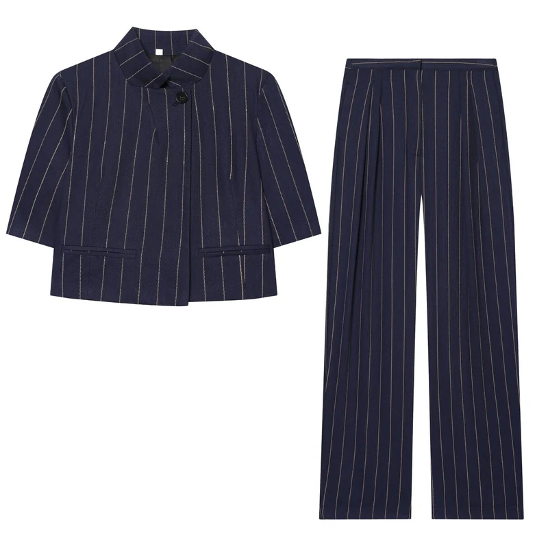 Damen 20+ weite High‑Waist Palazzo‑Hose mit Bügelfalte und Nadelstreifen Drune