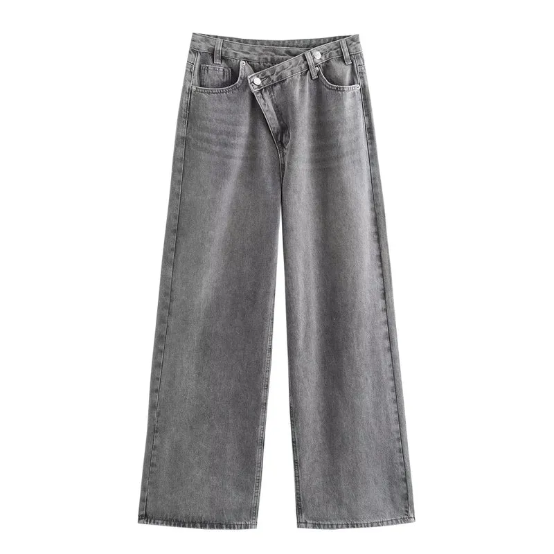 Damen 20+ weite High‑Waist Denim‑Palazzo‑Jeans mit asymmetrischem Bunddetail Drune