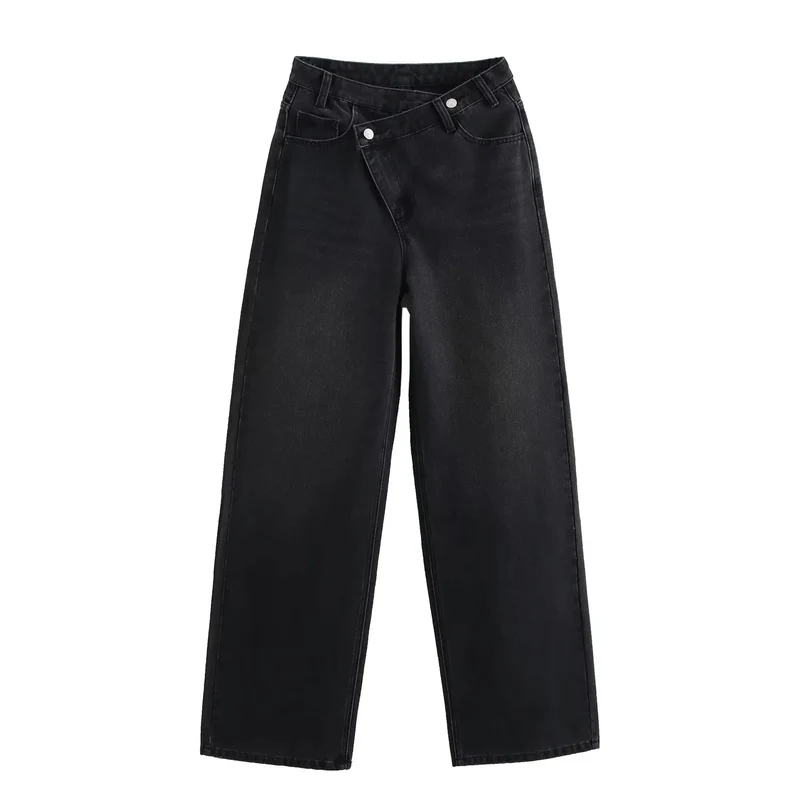 Damen 20+ weite High‑Waist Denim‑Palazzo‑Jeans mit asymmetrischem Bunddetail Drune