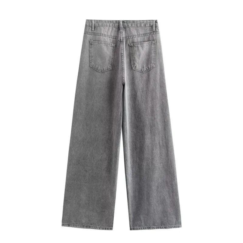Damen 20+ weite High‑Waist Denim‑Palazzo‑Jeans mit asymmetrischem Bunddetail Drune