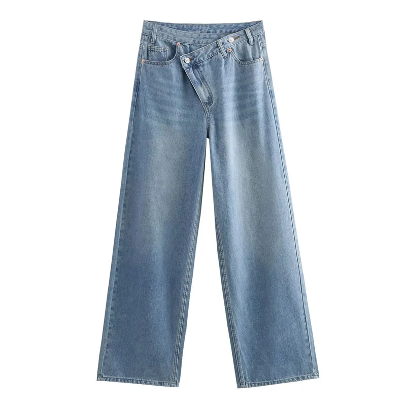 Damen 20+ weite High‑Waist Denim‑Palazzo‑Jeans mit asymmetrischem Bunddetail Drune