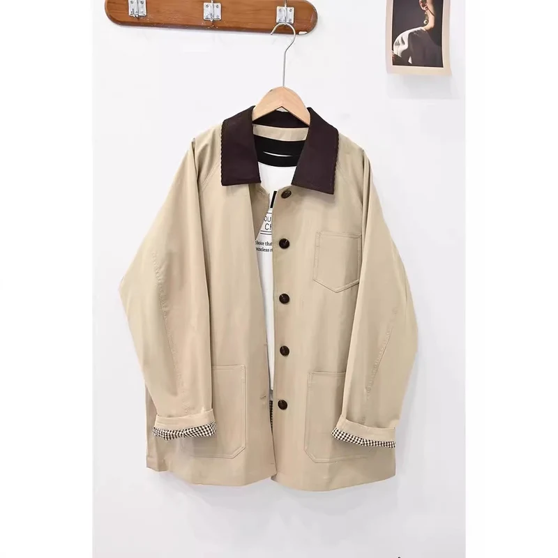 Damen Lässige Oversized-Jacke mit Kontrastkragen Drune