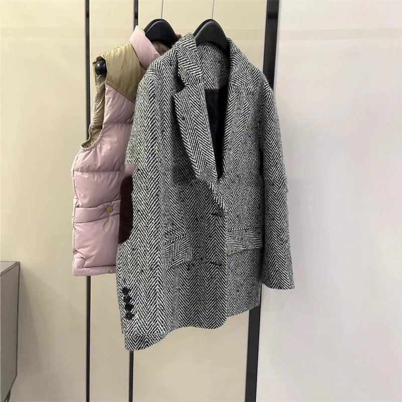 Damen Klassischer Herringbone Blazer Drune