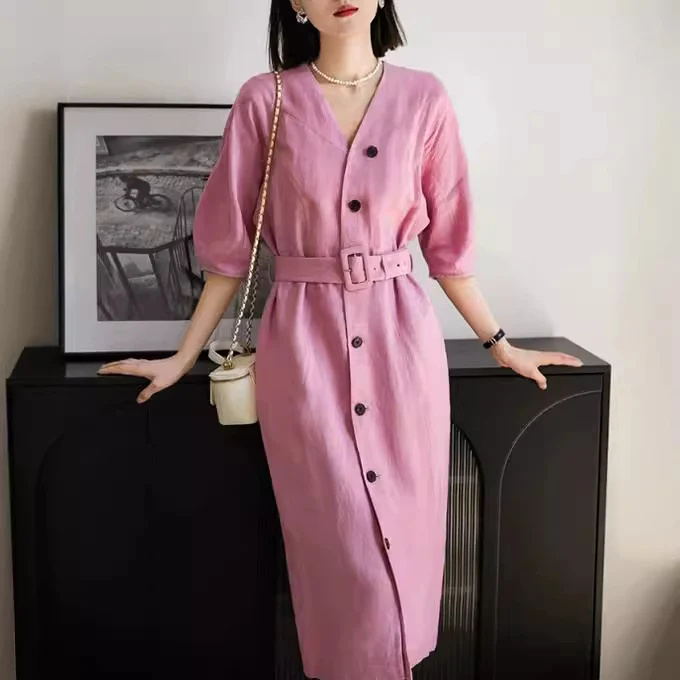 Damen Elegantes Midi-Kleid mit Gürtel Drune