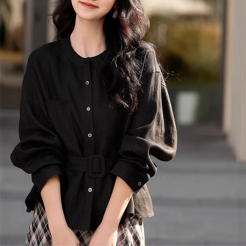 Damen Modische Oversized-Bluse mit Gürtel Drune
