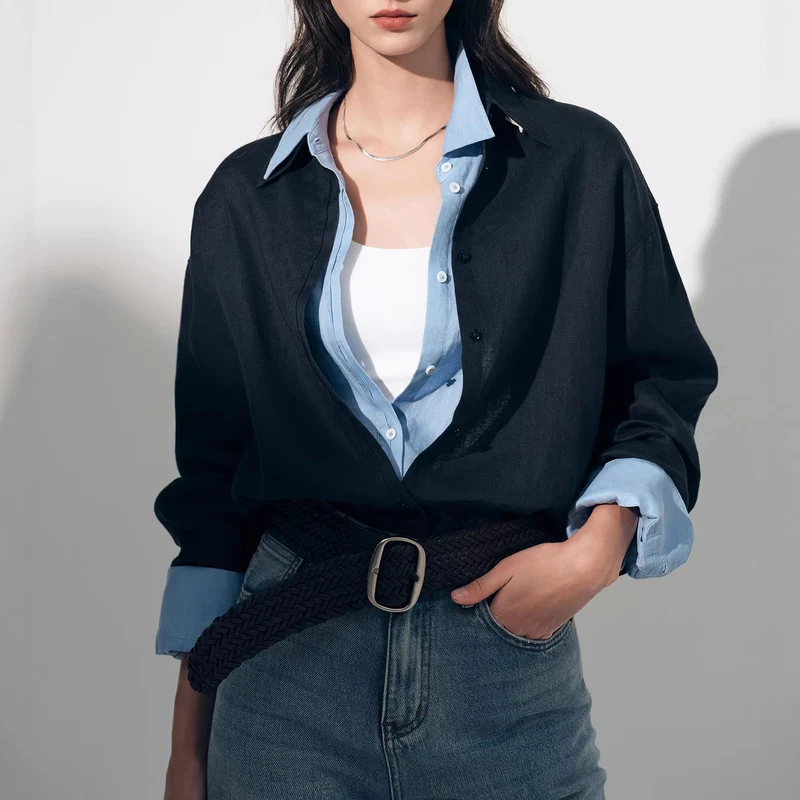 Damen Modische Leinenbluse mit langen Ärmeln Drune