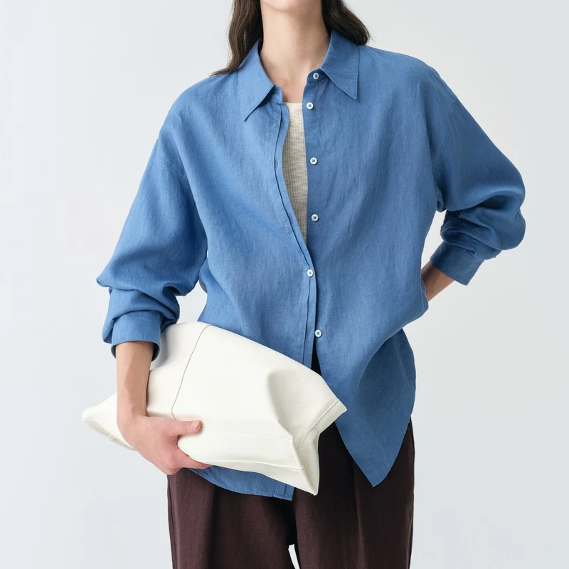 Damen Modische Leinenbluse mit langen Ärmeln Drune
