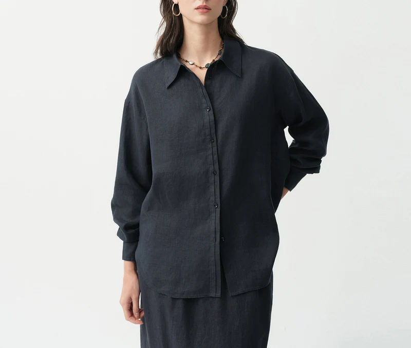 Damen Modische Leinenbluse mit langen Ärmeln Drune