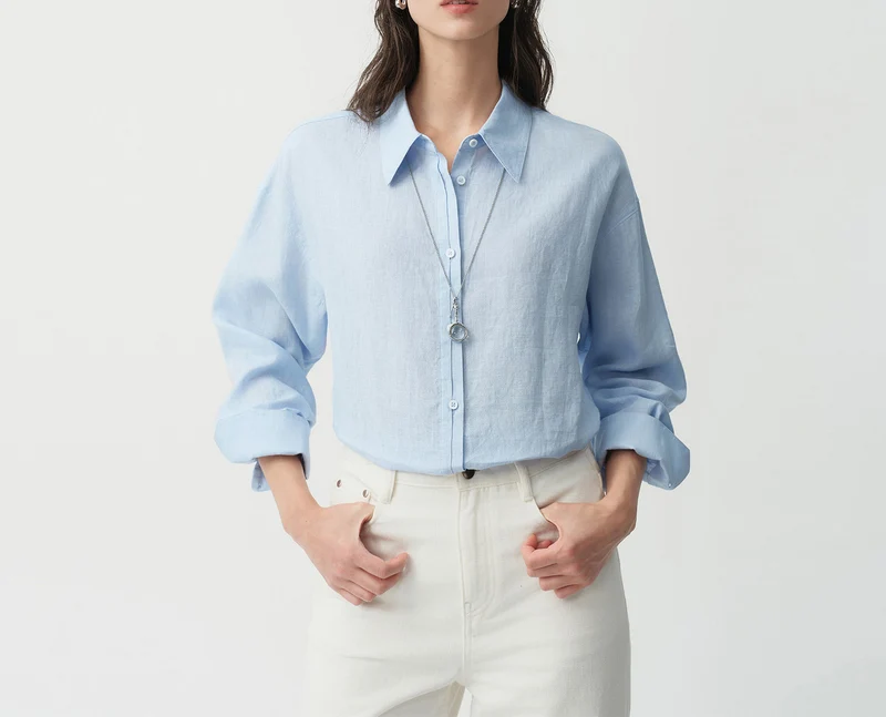 Damen Modische Leinenbluse mit langen Ärmeln Drune