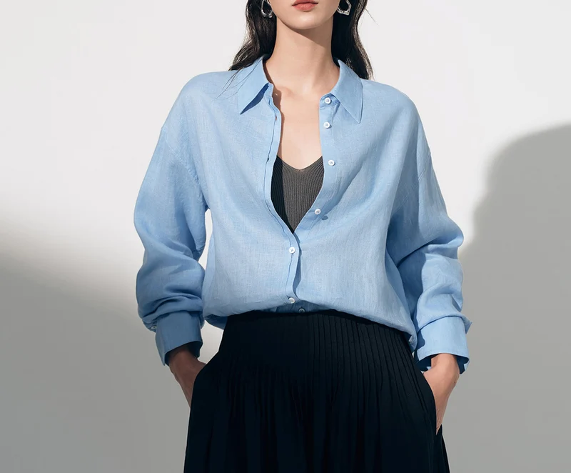Damen Modische Leinenbluse mit langen Ärmeln Drune