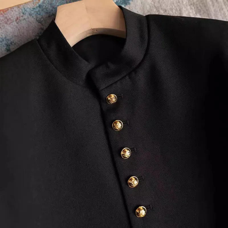 Damen Modische Jacke mit Stehkragen und goldenen Knöpfen Drune