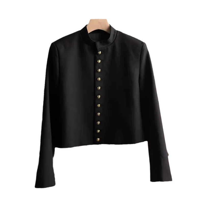 Damen Modische Jacke mit Stehkragen und goldenen Knöpfen Drune