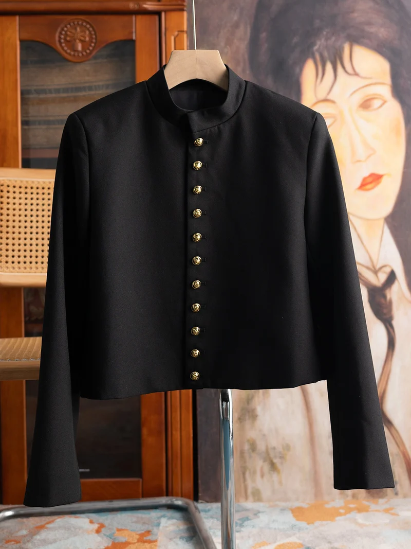 Damen Modische Jacke mit Stehkragen und goldenen Knöpfen Drune
