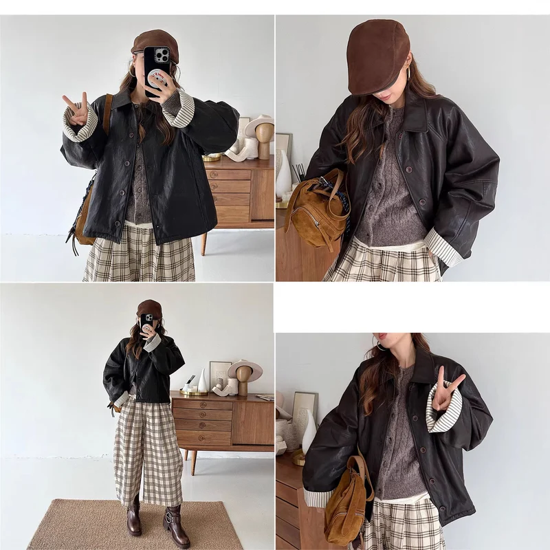 Damen Moderne Lederjacke mit gestreiften Manschetten Drune