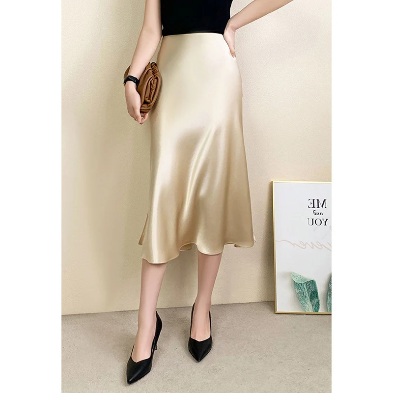 Damen Luxuriöser Satin Midirock mit hohem Schlitz Drune