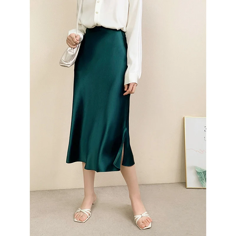 Damen Luxuriöser Satin Midirock mit hohem Schlitz Drune