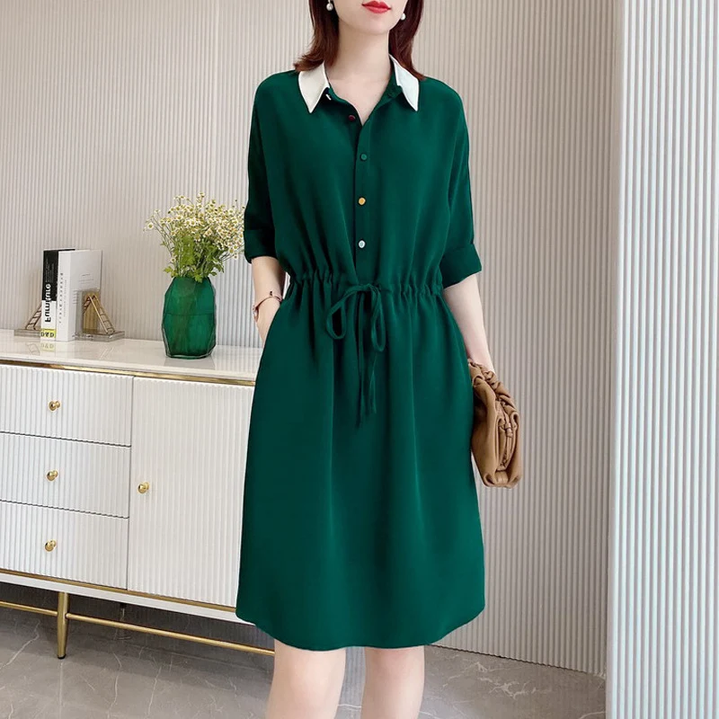 Damen Lässiges Midi-Kleid mit kontrastierendem Kragen Drune