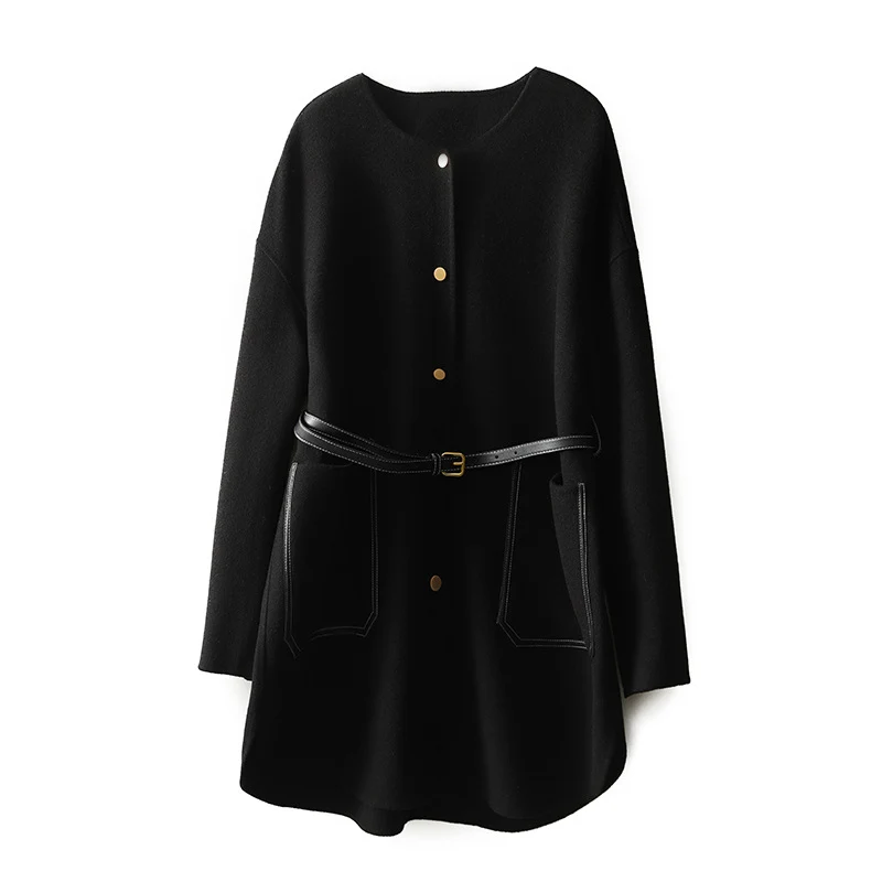 Damen Lässiger und eleganter Wollmantel mit Gürtel Drune