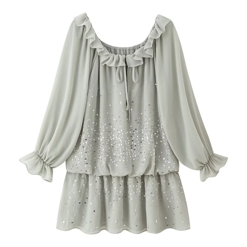 Damen Romantisches Volant‑Chiffon‑Minikleid mit Paillettenbesatz Drune