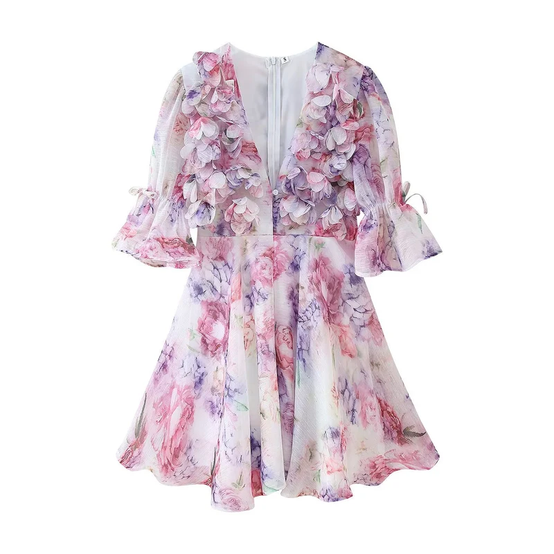Damen Romantisches Plissiertes Chiffon-Minikleid mit tiefem V-Ausschnitt und Volant-Puffärmeln Drune