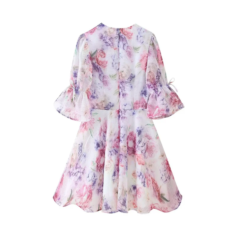 Damen Romantisches Plissiertes Chiffon-Minikleid mit tiefem V-Ausschnitt und Volant-Puffärmeln Drune
