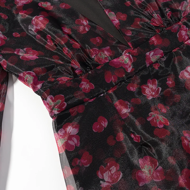 Damen Romantisches Chiffon‑Minikleid mit tiefem V‑Ausschnitt, Volantstufen und Trompetenärmeln Drune