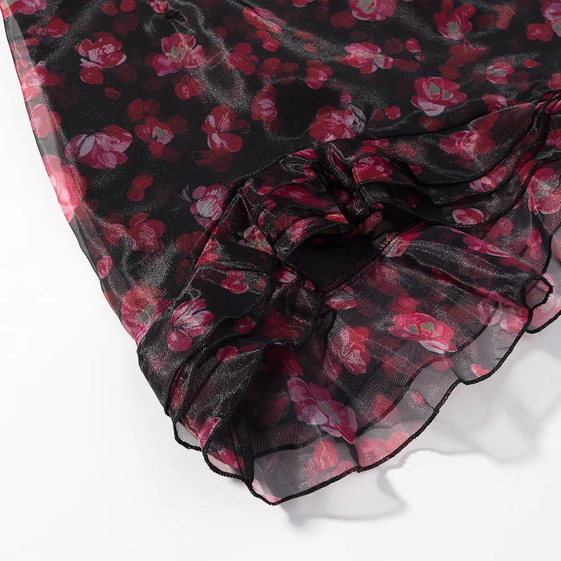 Damen Romantisches Chiffon‑Minikleid mit tiefem V‑Ausschnitt, Volantstufen und Trompetenärmeln Drune