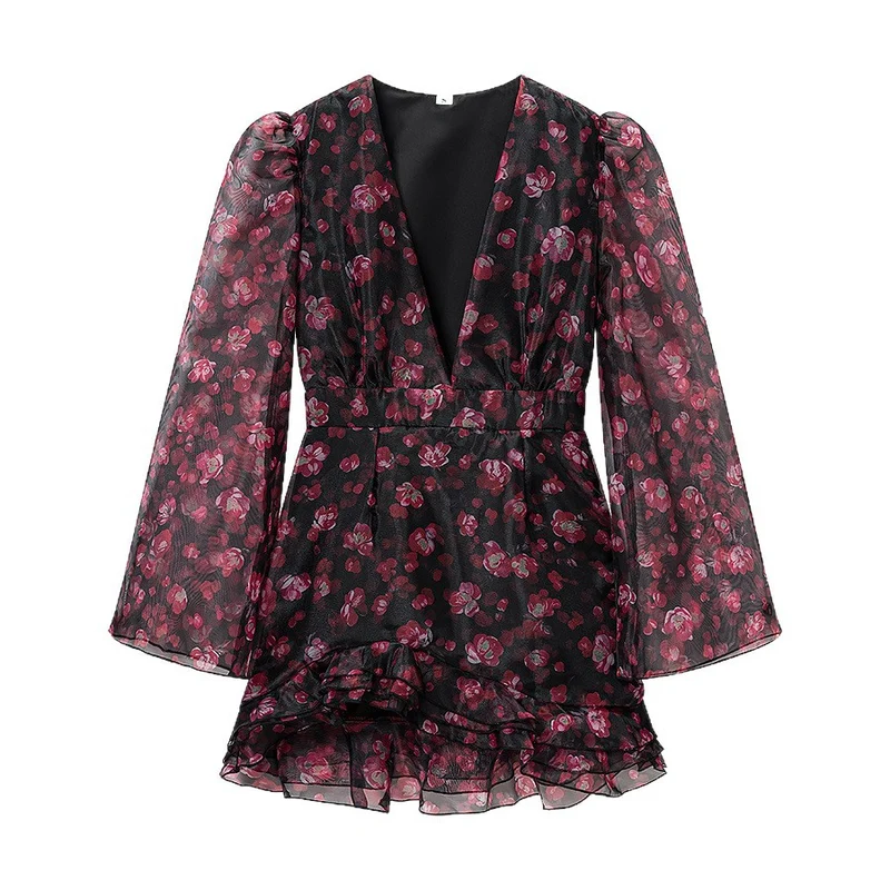 Damen Romantisches Chiffon‑Minikleid mit tiefem V‑Ausschnitt, Volantstufen und Trompetenärmeln Drune