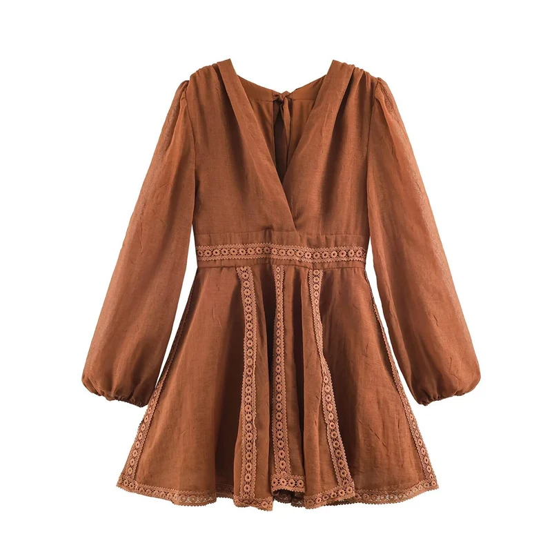 Damen Romantisches A‑Linien Kleid mit V‑Ausschnitt, Spitzenborten und Ballonärmeln Drune