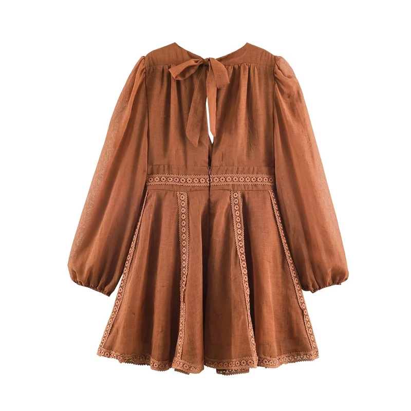 Damen Romantisches A‑Linien Kleid mit V‑Ausschnitt, Spitzenborten und Ballonärmeln Drune