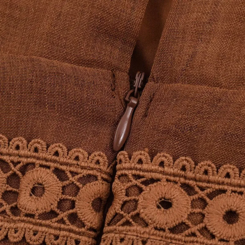 Damen Romantisches A‑Linien Kleid mit V‑Ausschnitt, Spitzenborten und Ballonärmeln Drune