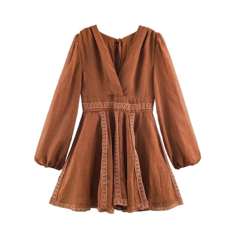 Damen Romantisches A‑Linien Kleid mit V‑Ausschnitt, Spitzenborten und Ballonärmeln Drune