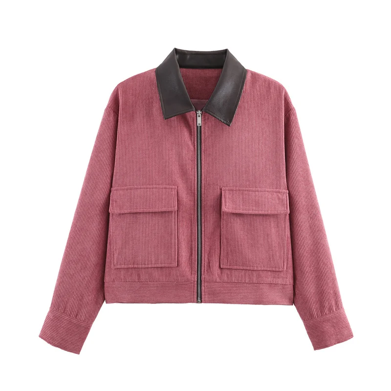 Damen Rippenstruktur-Kurzjacke mit Kunstlederkragen und Pattentaschen Drune