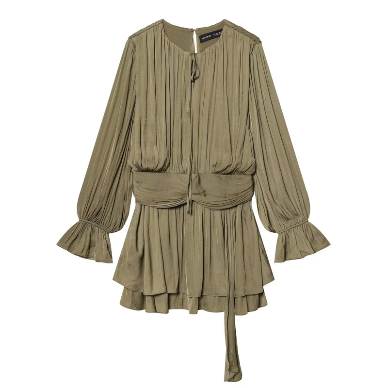 Damen Plissiertes Wickelkleid mit Volantrock und Balloonärmeln Drune