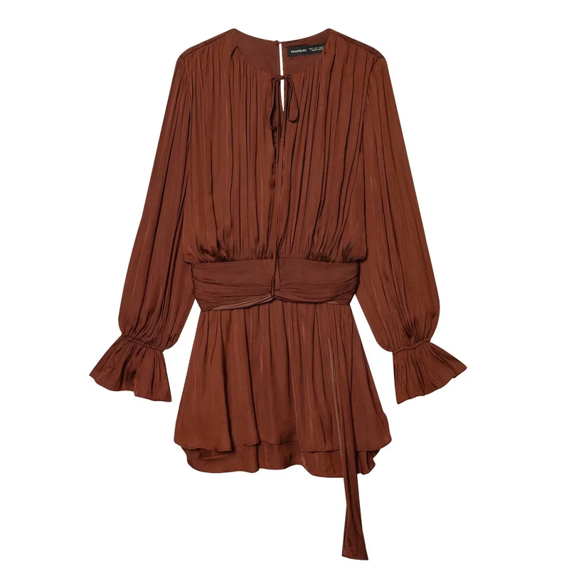 Damen Plissiertes Wickelkleid mit Volantrock und Balloonärmeln Drune
