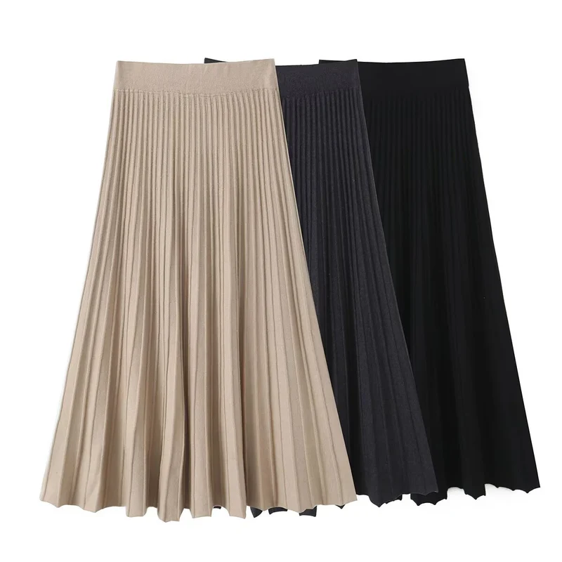 Damen Plissierter Maxirock mit hoher Taille und Elastikbund Drune