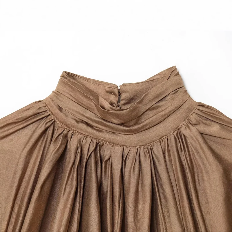 Damen Plissierte Satinbluse mit Stehkragen und Ballonärmeln Drune