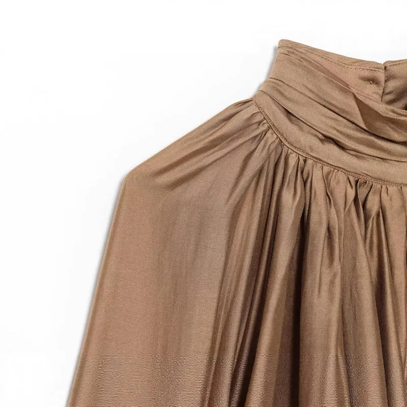 Damen Plissierte Satinbluse mit Stehkragen und Ballonärmeln Drune