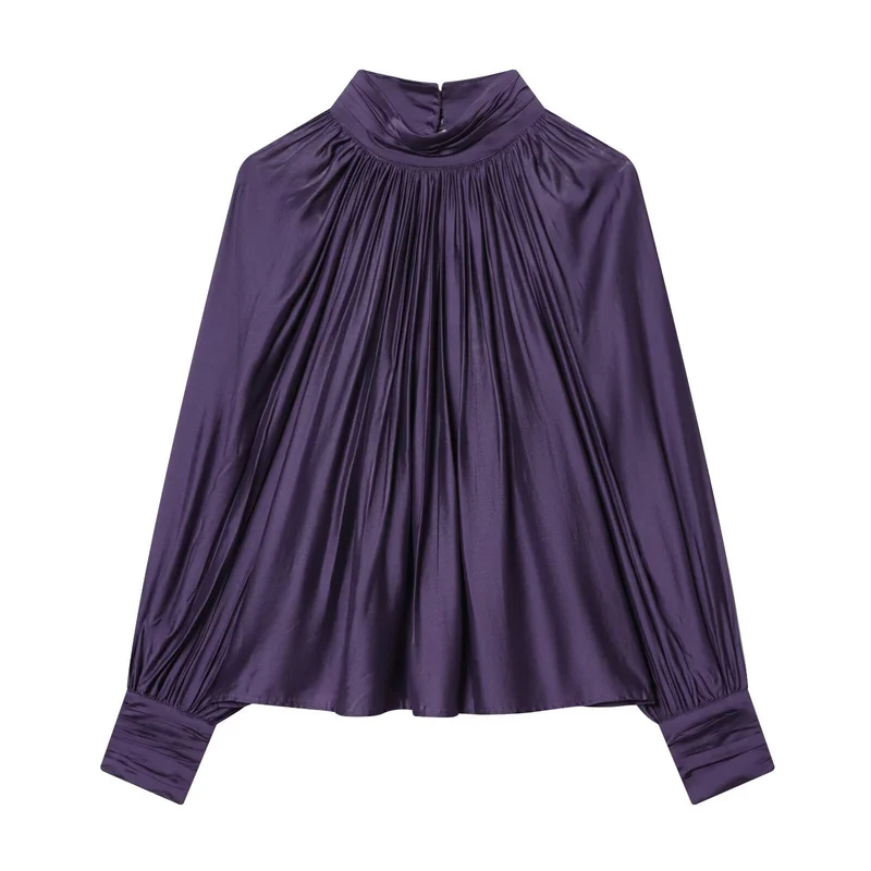 Damen Plissierte Satinbluse mit Stehkragen und Ballonärmeln Drune