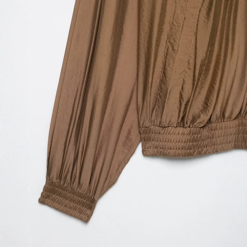 Damen Plissierte Satin-Cropped-Bluse mit Ballonärmeln und gerafftem Gummibund Drune