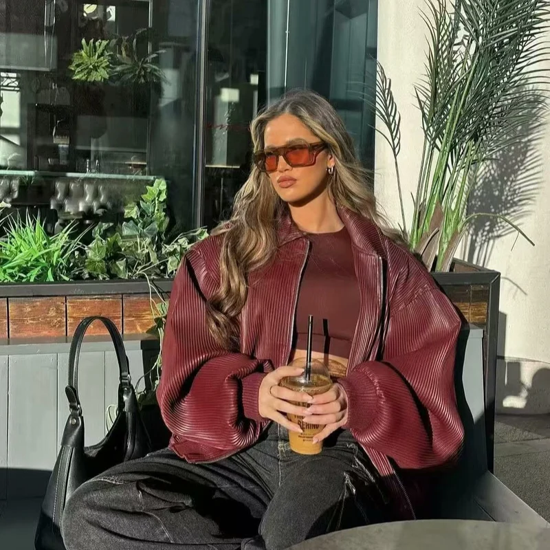 Damen Plissierte Bomberjacke mit feiner Längsstruktur, Metallreißverschluss und elastischen Bündchen Drune