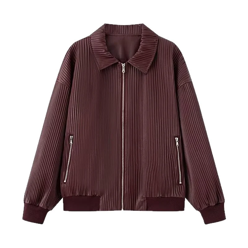 Damen Plissierte Bomberjacke mit feiner Längsstruktur, Metallreißverschluss und elastischen Bündchen Drune
