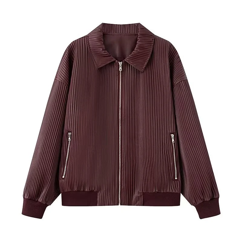 Damen Plissierte Bomberjacke mit feiner Längsstruktur, Metallreißverschluss und elastischen Bündchen Drune