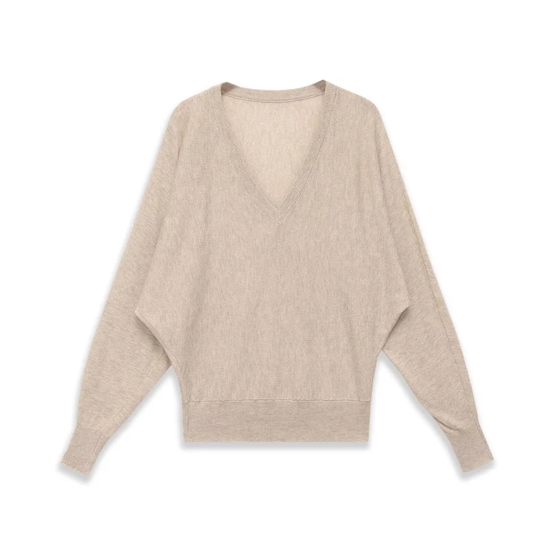 Damen Oversized V-Ausschnitt Feinstrickpullover mit Fledermausärmeln Drune