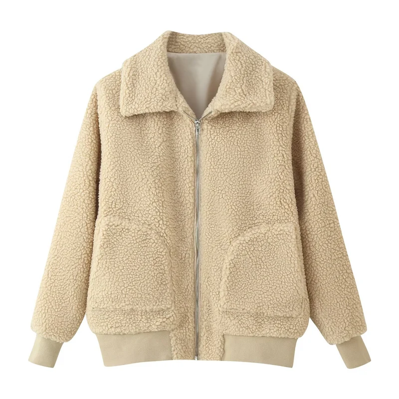 Damen Oversized Teddyjacke mit Reißverschluss, Kragen und aufgesetzten Taschen Drune