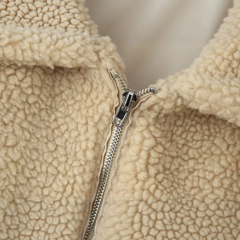 Damen Oversized Teddyjacke mit Reißverschluss, Kragen und aufgesetzten Taschen Drune
